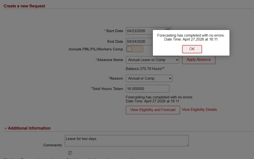 Review Eligibility Status and click on OK.