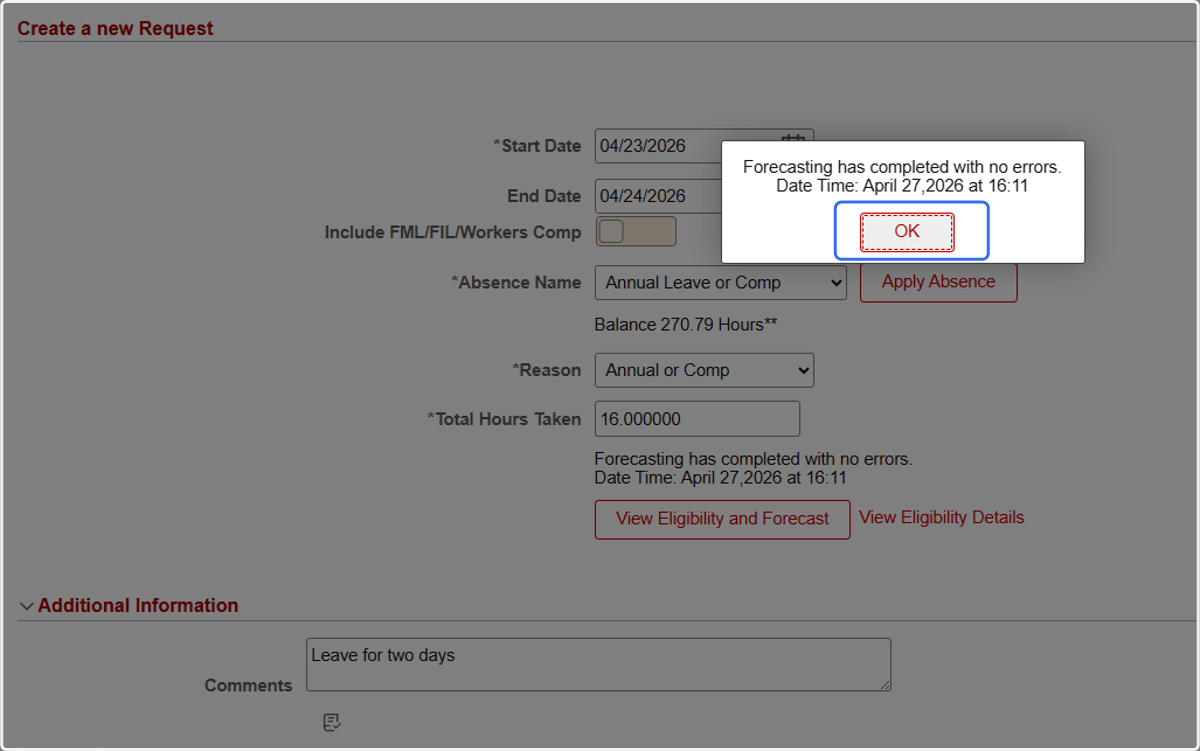 Review Eligibility Status and click on OK.