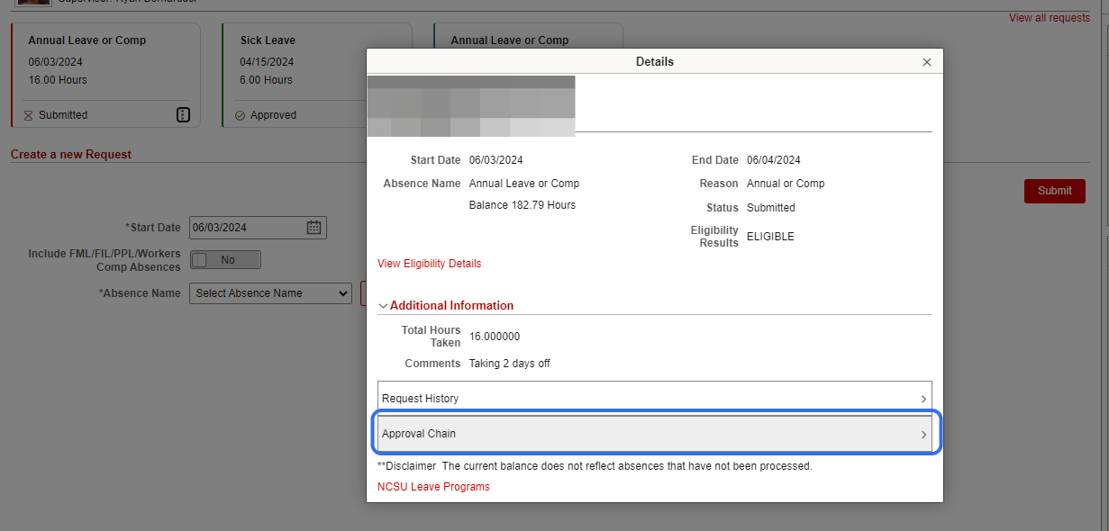 While reviewing the absence, users can view the list of approvers in the approval workflow by selecting the Approval Chain item