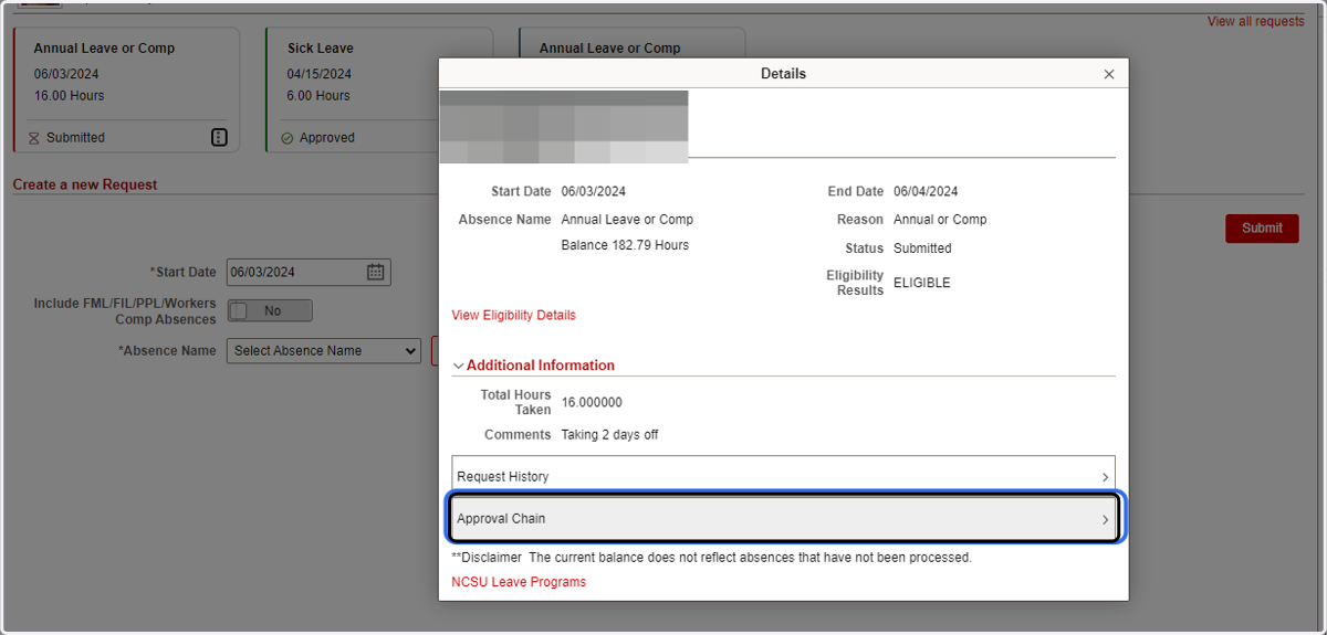 While reviewing the absence, users can view the list of approvers in the approval workflow by selecting the Approval Chain item