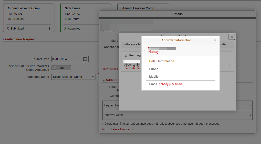 To view the contact details of the Approver, click on Approver Information.