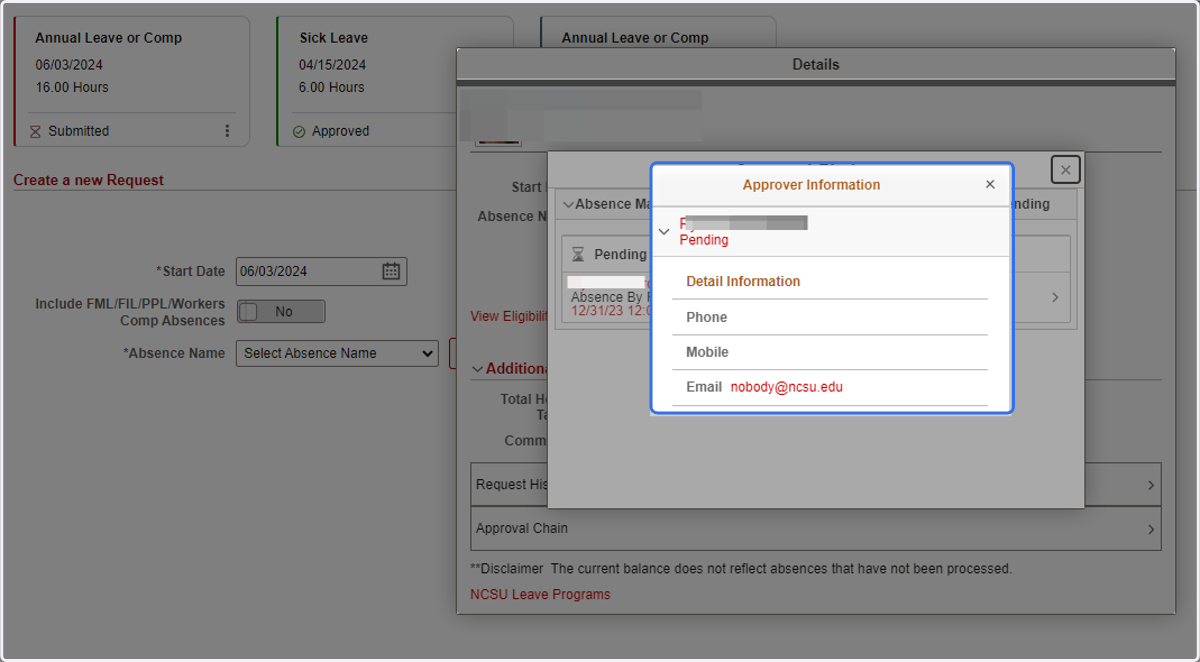 To view the contact details of the Approver, click on Approver Information.