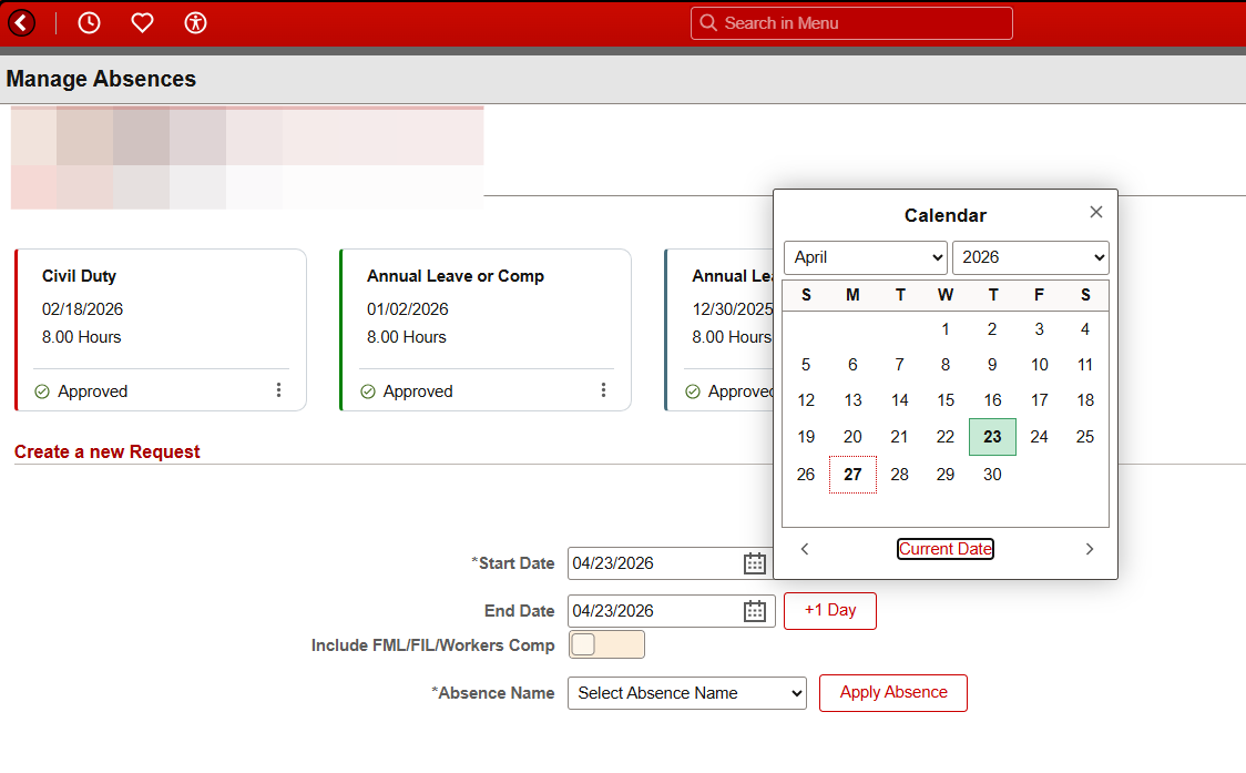 Example: Start Date selected = Select April 23, 2026