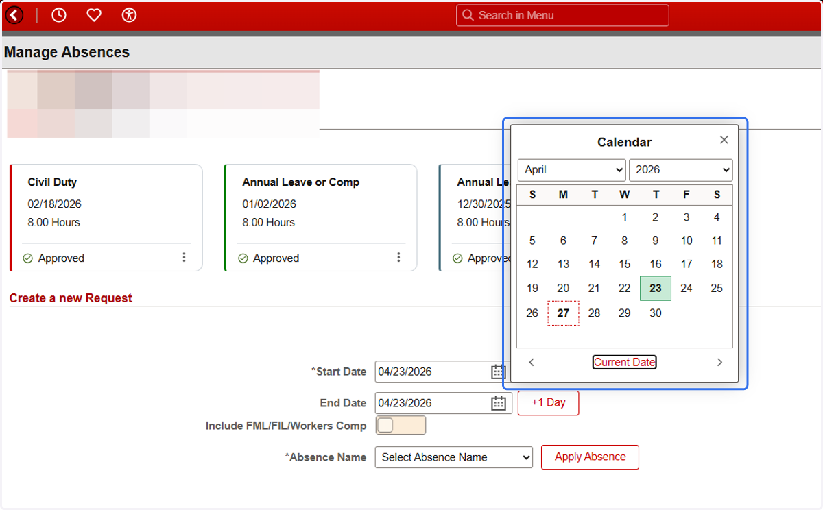 Example: Start Date selected = Select April 23, 2026
