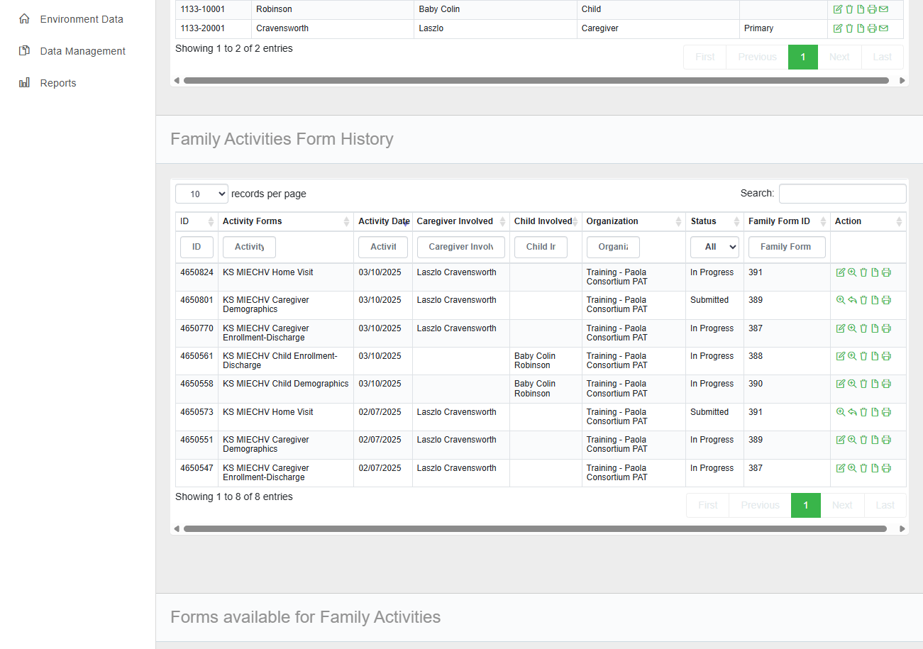 Under Family Activities Form History, find the forms associated with this profile.