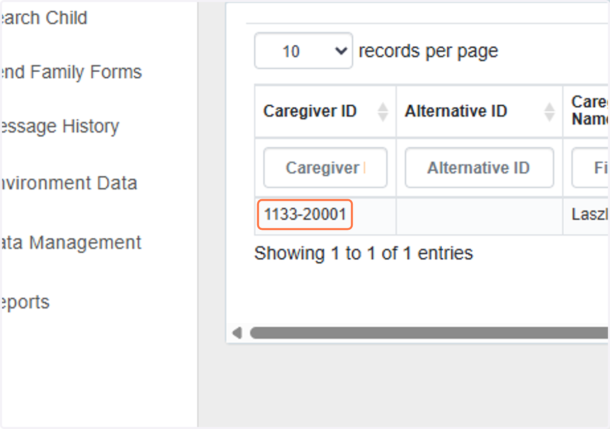 Locate the Caregiver or Child you wish to delete