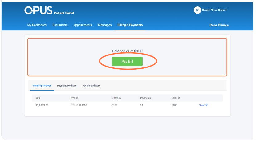 Another method of paying invoice is via the green PAY BILL button
