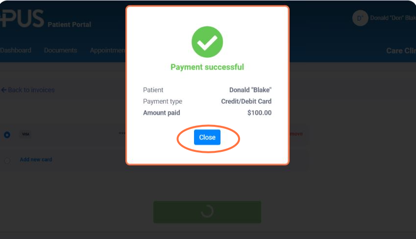 A success message will appear, indicating successful payment of the invoice. You can click Close afterward.
