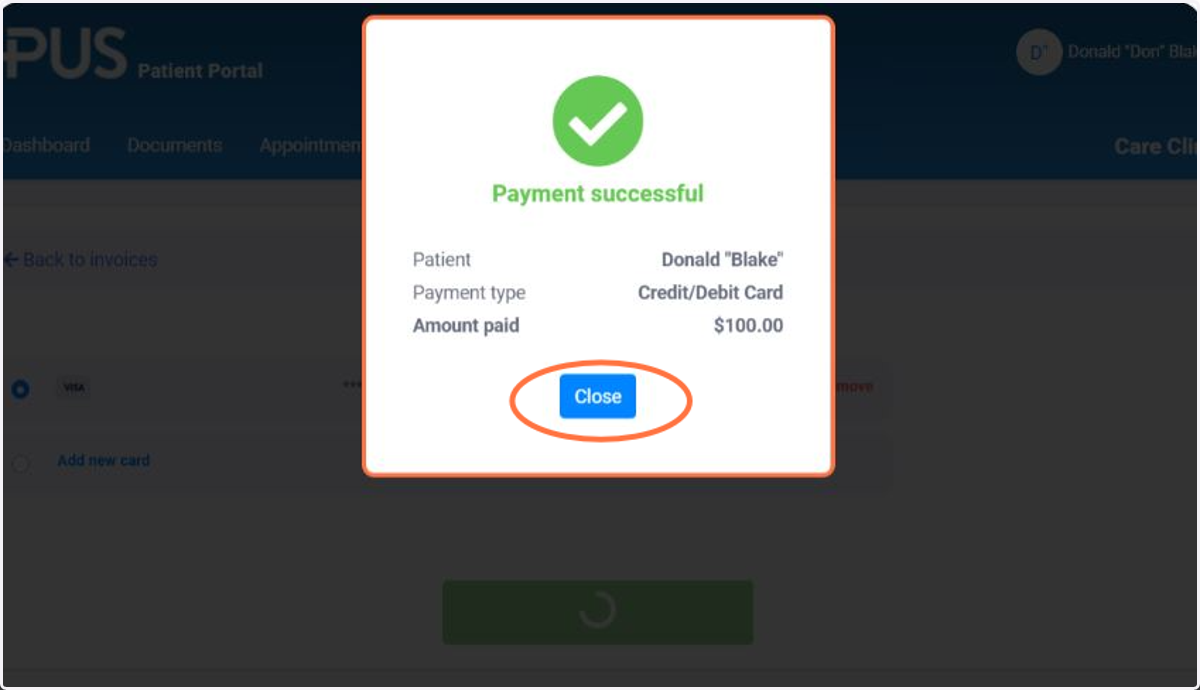 A success message will appear, indicating successful payment of the invoice. You can click Close afterward.
