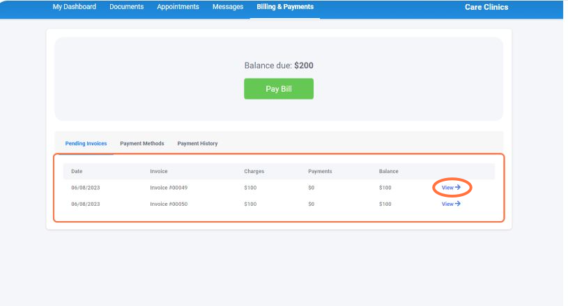 To pay via Invoice, identify the invoice you want to pay and click View