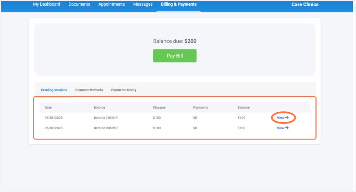 To pay via Invoice, identify the invoice you want to pay and click View
