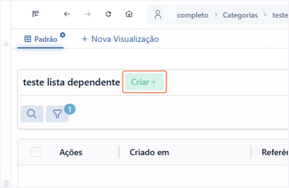 Clique em Criar para iniciar a criação de um novo item