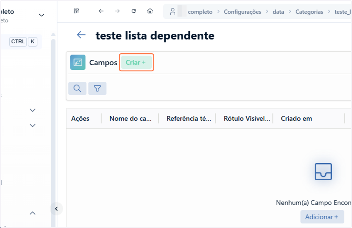 Entre na configuração de campos da categoria desejada e clique em criar