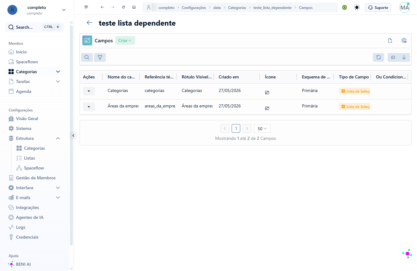 Para verificar o funcionamento do preenchimento automático em listas dependentes, na seção Membro no menu lateral do seu workspace, clique em Categorias