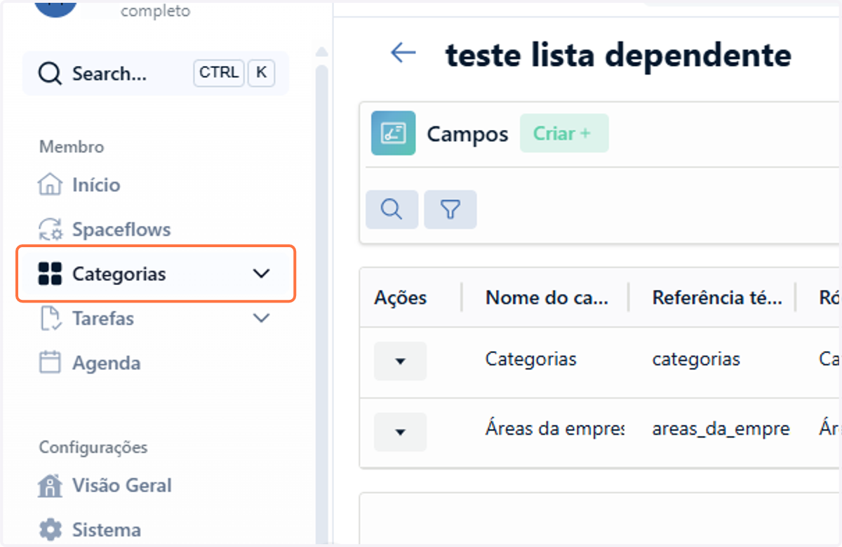 Para verificar o funcionamento do preenchimento automático em listas dependentes, na seção Membro no menu lateral do seu workspace, clique em Categorias