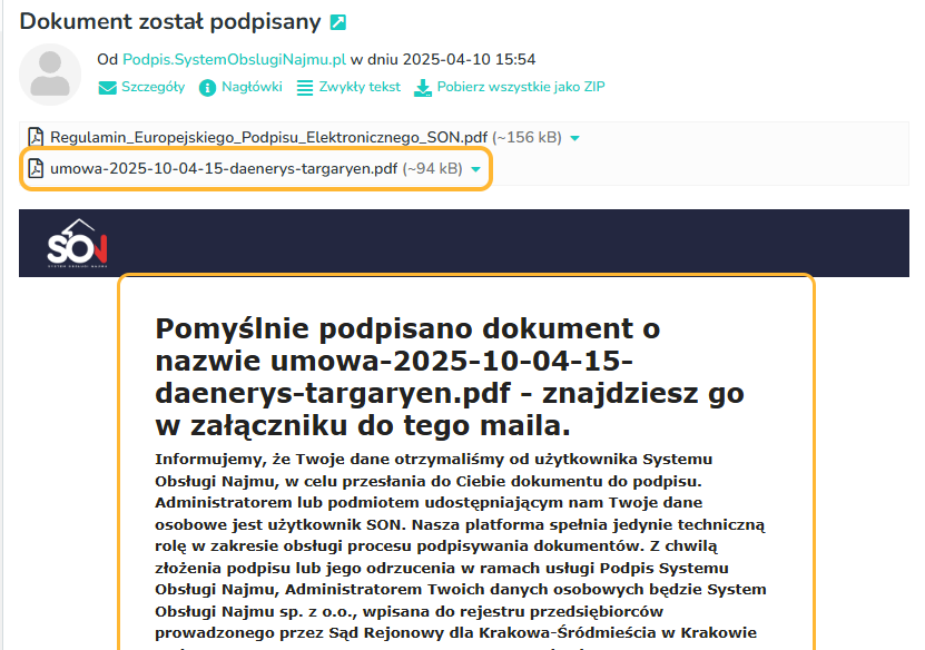 Po podpisaniu dokumentu przez wszystkie strony zostaje wysłany podpisany dokument z kartą podpisów stron.