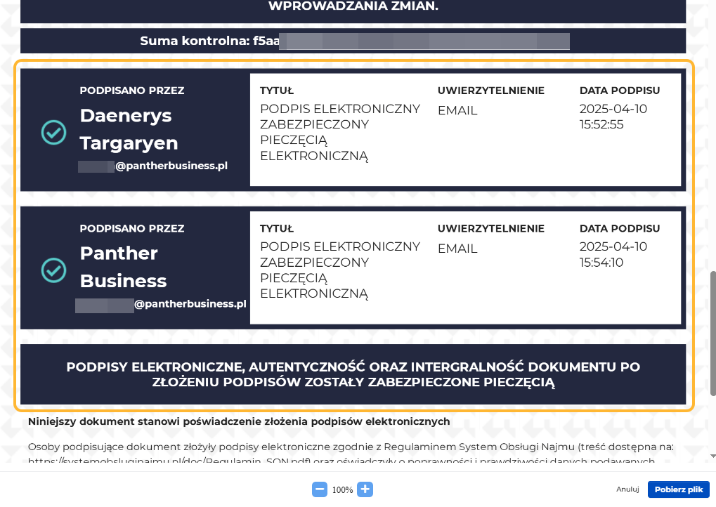 Na karcie widnieje informacja o sposobie i dacie podpisu.