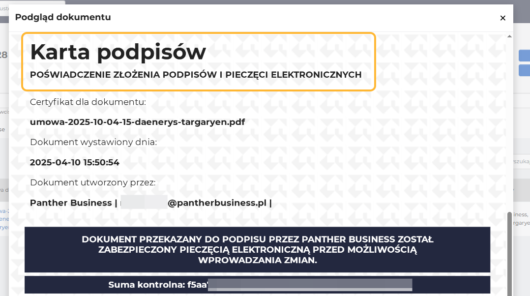 Dokument automatycznie zostaje zaktualizowany i dołączona zostaje karta z podpisami