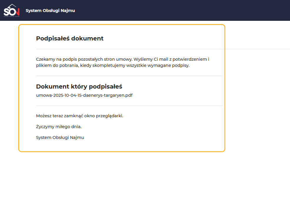 Po kliknięciu pojawi się informacja o podpisaniu dokumentu.
