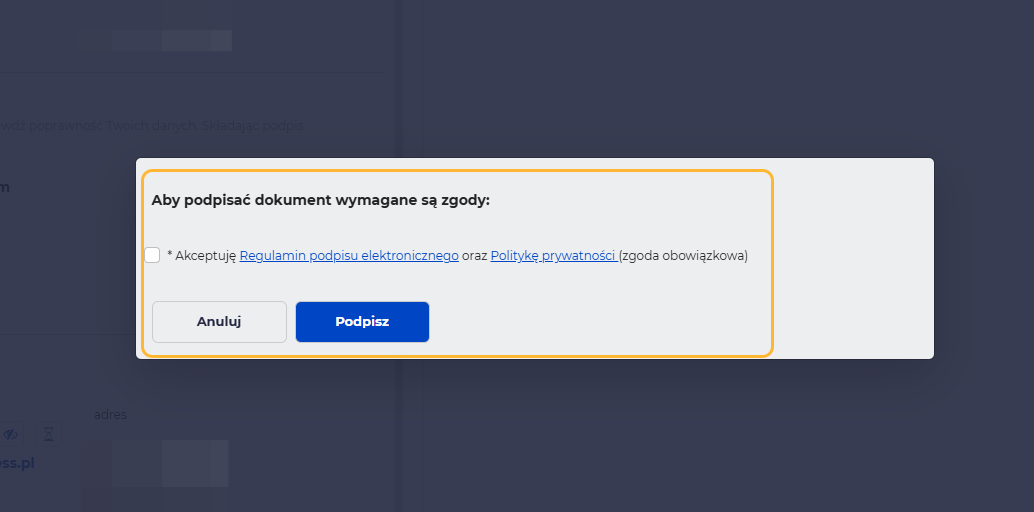 Zaznacz wymaganą zgodę i kliknij podpisz
