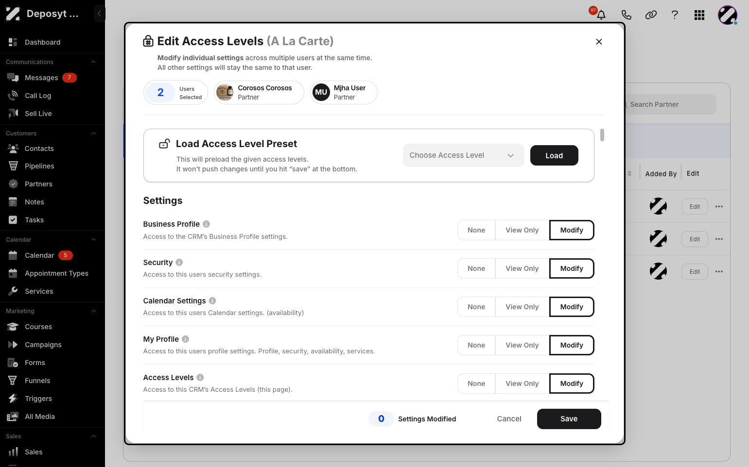 Step 8: A pop-up will appear where you can specifically alter each setting to None, View Only, or Modify. Click Save when you are done.