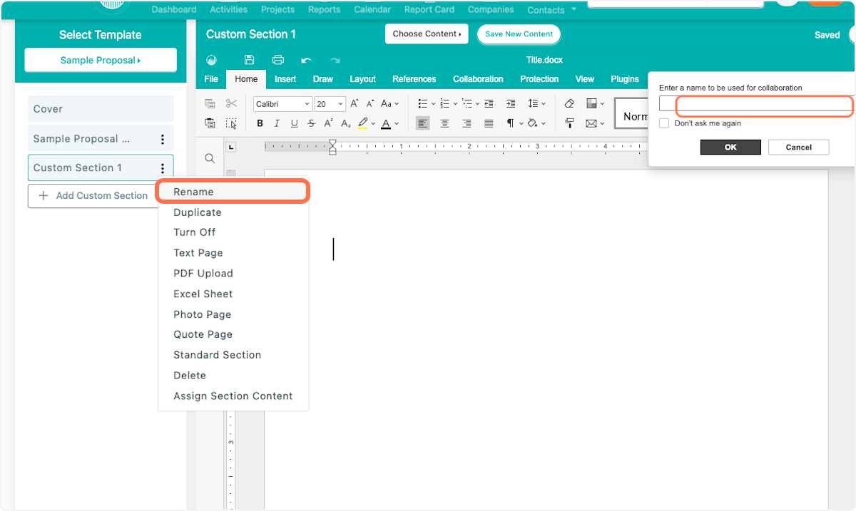 You can name your section, and you have the option to include a new text page, a PDF, an Excel Sheet, a Photo Page, a Quote Page or a Standard Section. 
