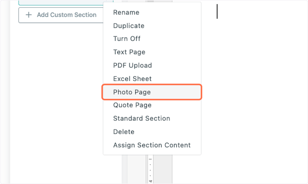 To add a photo page, click "Add Custom Section" and select "Photo Page"