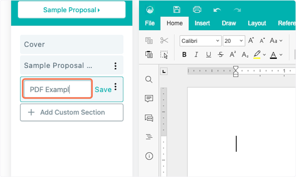 To upload a PDF as a new section of your Proposal, rename the section and choose "PDF Upload."