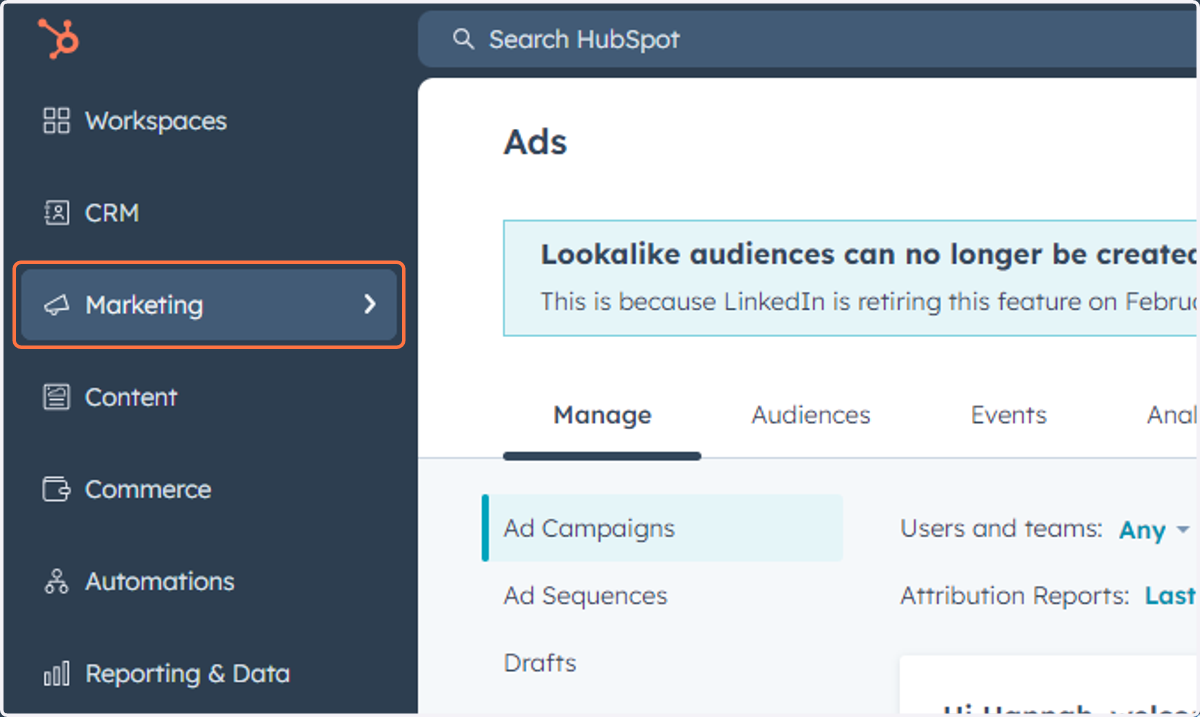 Click on Marketing