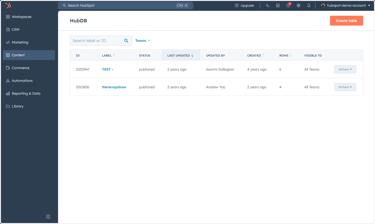 This is where you can access, manage, and create HubDB tables