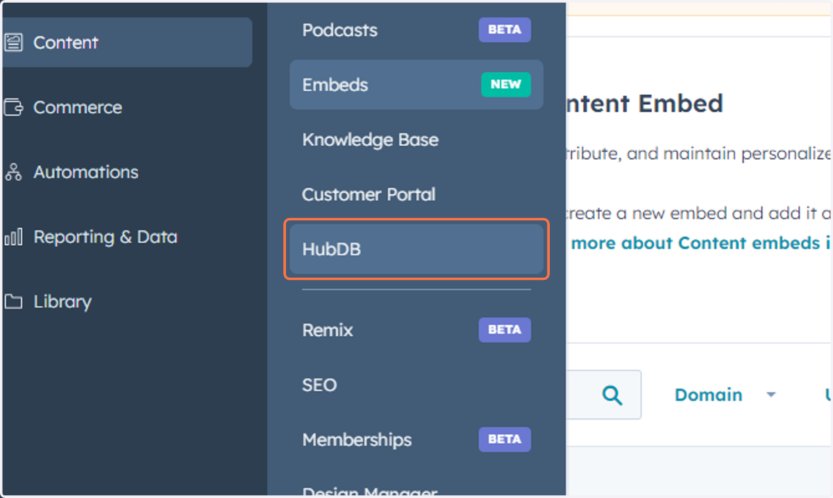 Click on HubDB