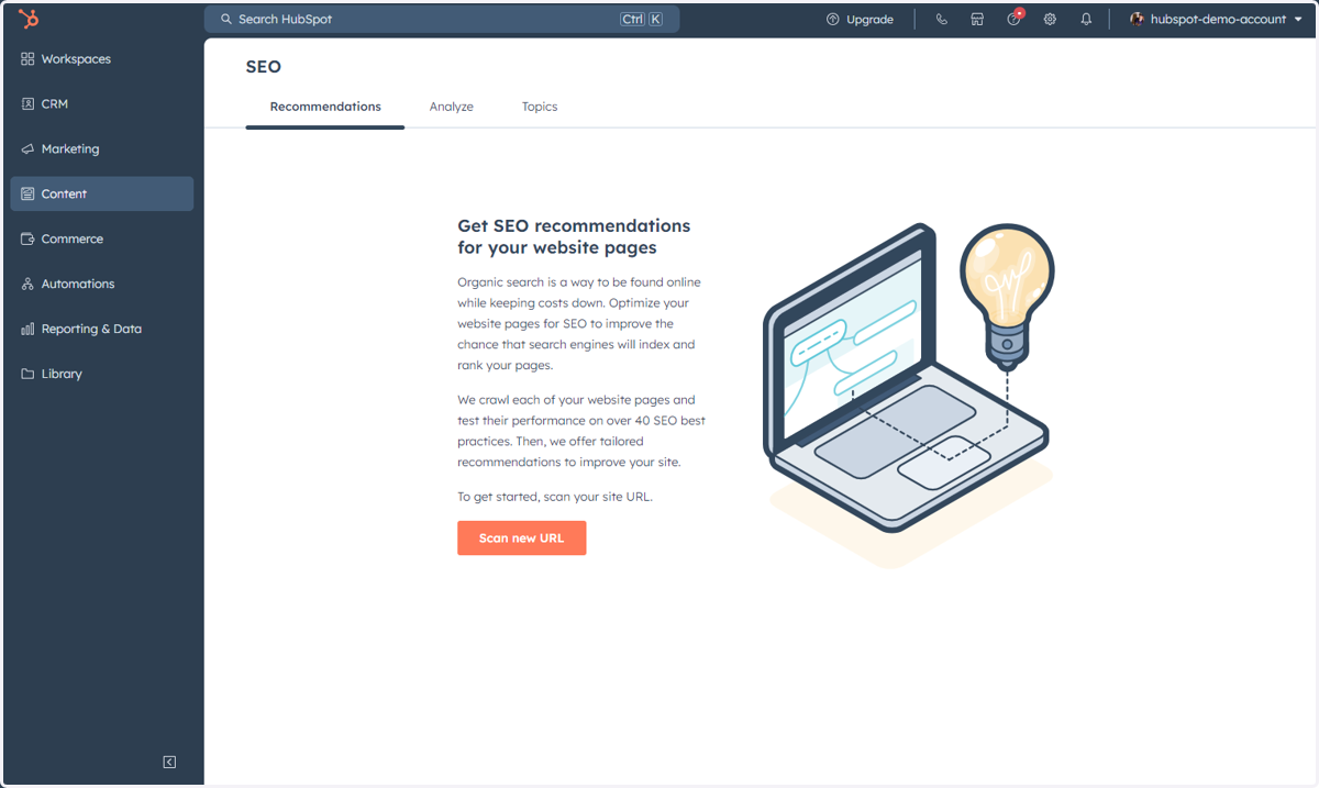 This is where you can access and get SEO recommendations for your web pages