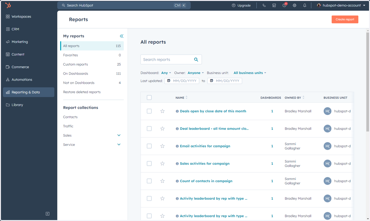 This is where you can access, manage and create individual reports to be used separately or on a dashboard