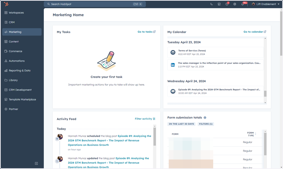 This is where you can access HubSpot's new Marketing home dashboard.