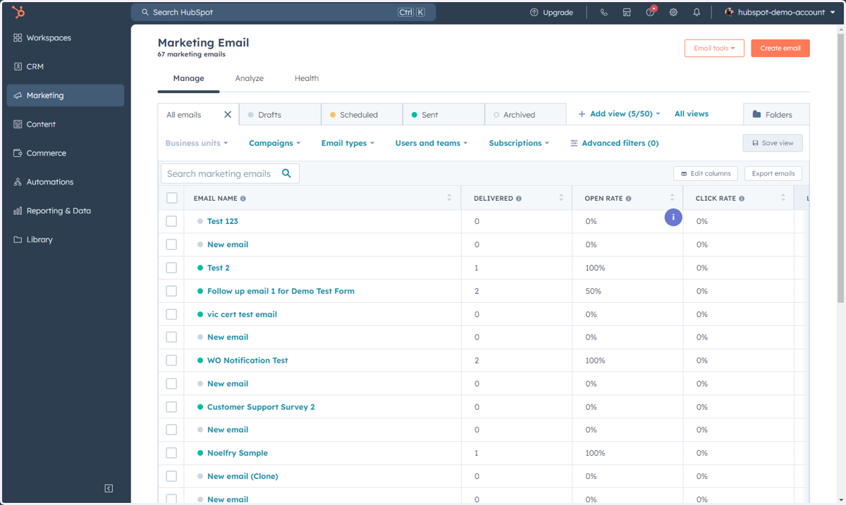 This is where you can access, manage, create, and analyze your Marketing Emails