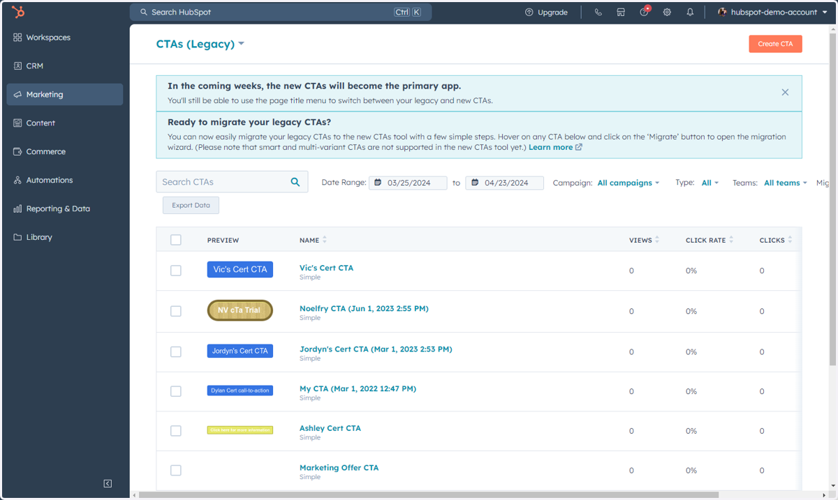This is where you can access, manage and create CTAs to be used in your marketing assets