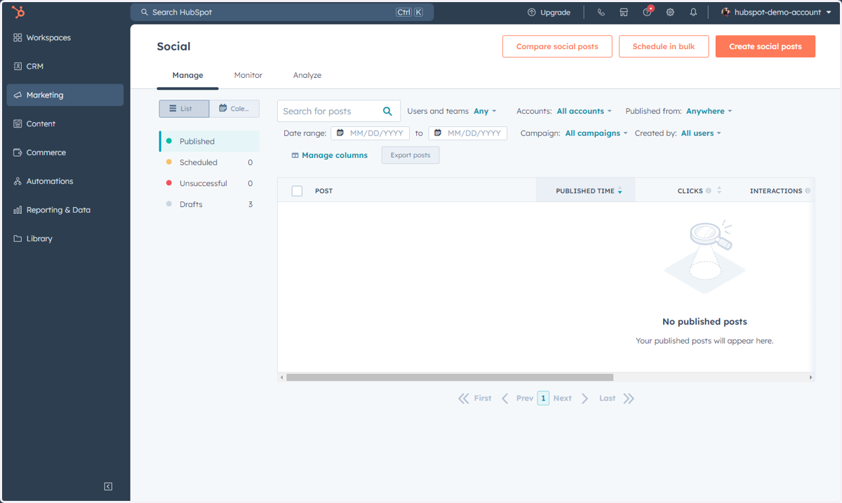This is where you can access, monitor, manage, analyze and create your Social posts