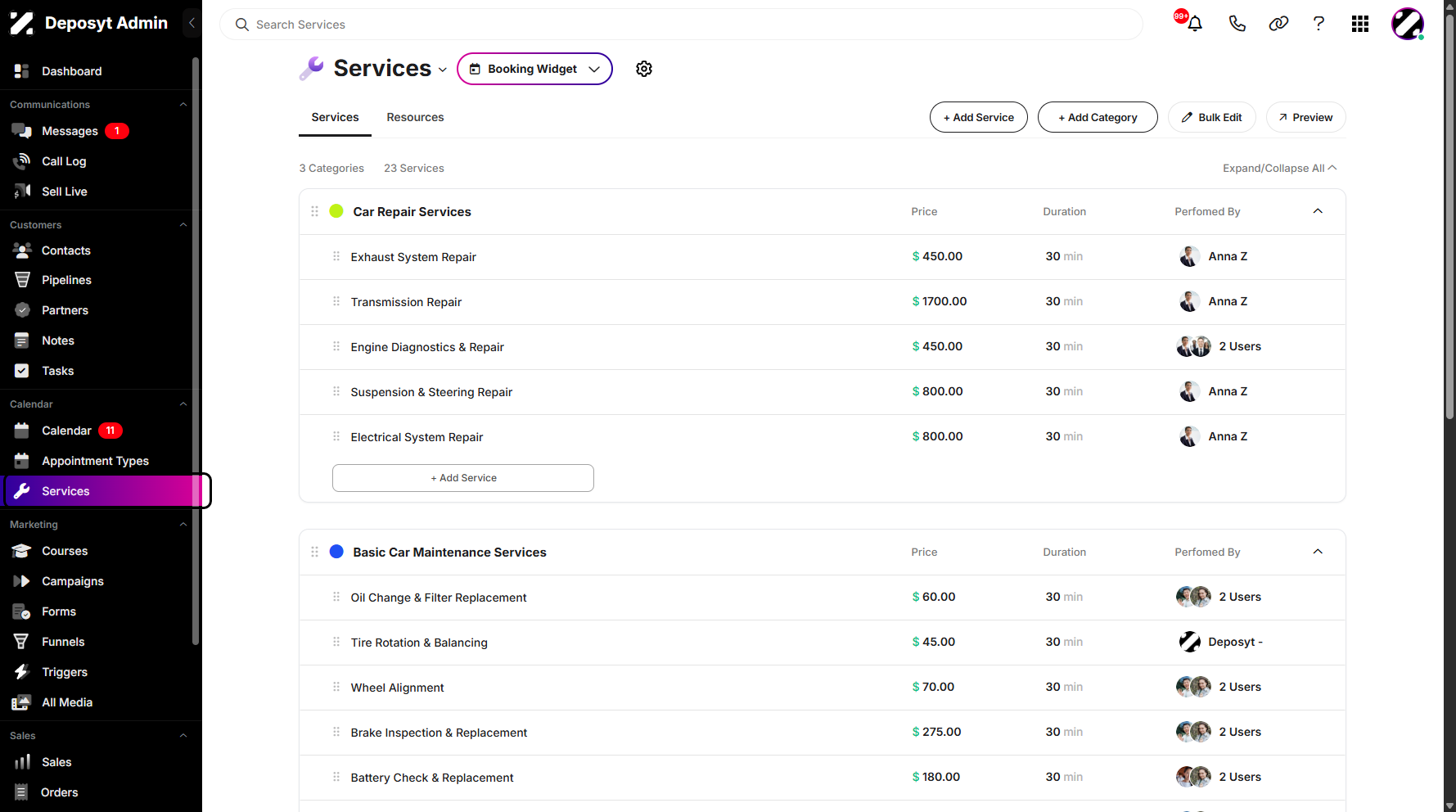 Step 1: On your Dashboard, navigate to the Services tab under the Calendar section.