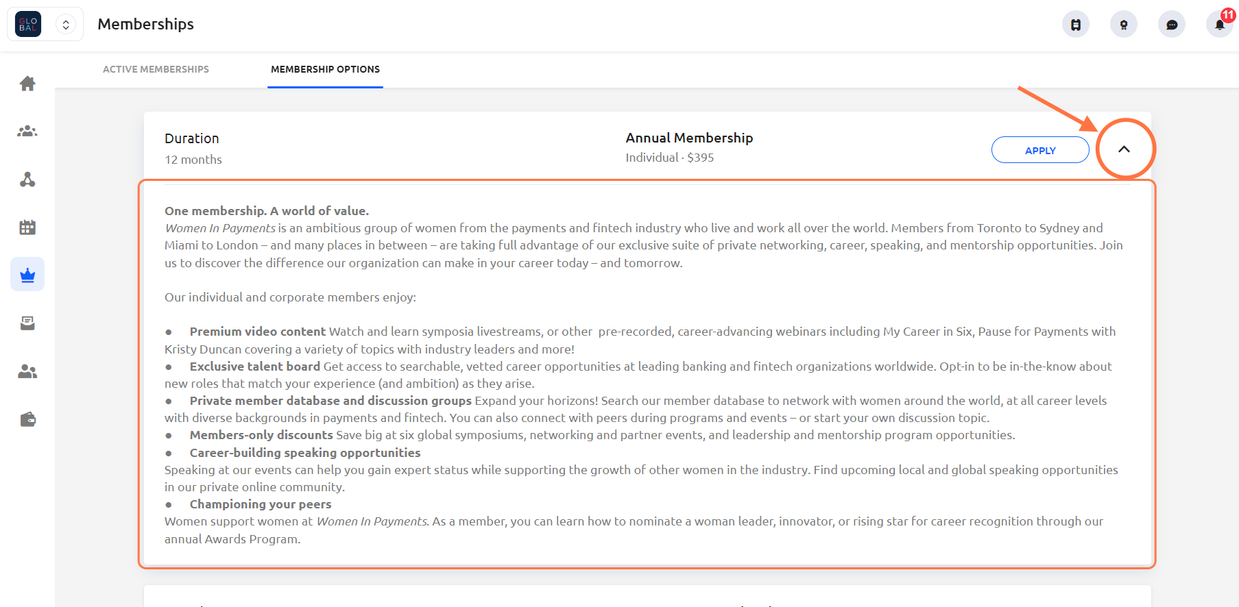 For more details on a specific membership type click on the small arrow next to the word APPLY.