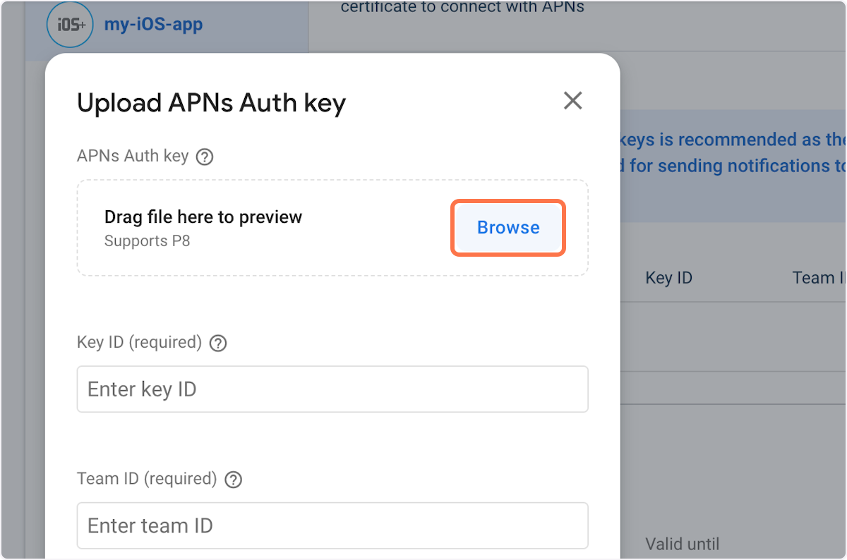 Click on 'Browse' and upload your APN Auth Key