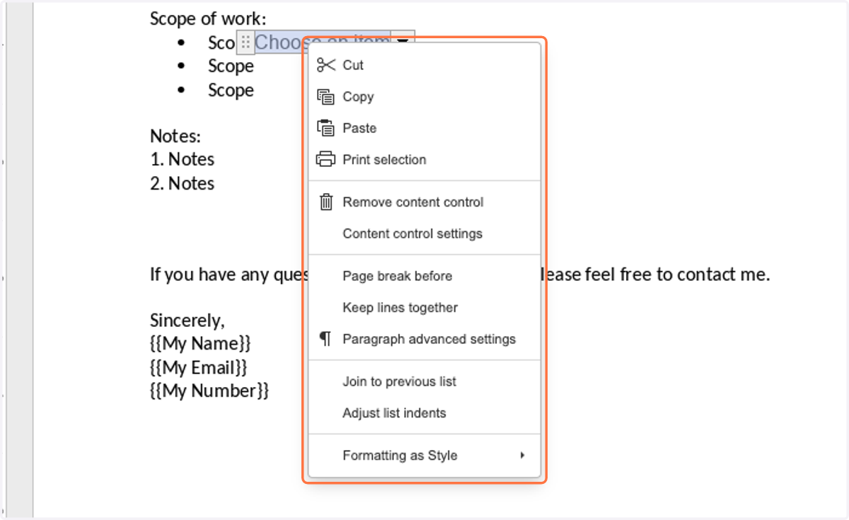 Right click on the content box