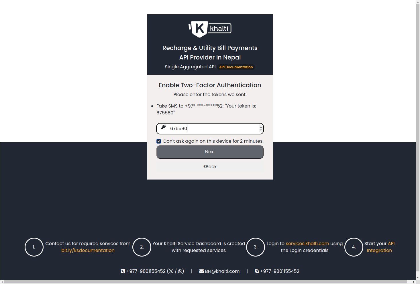Enter the OTP code and click on next