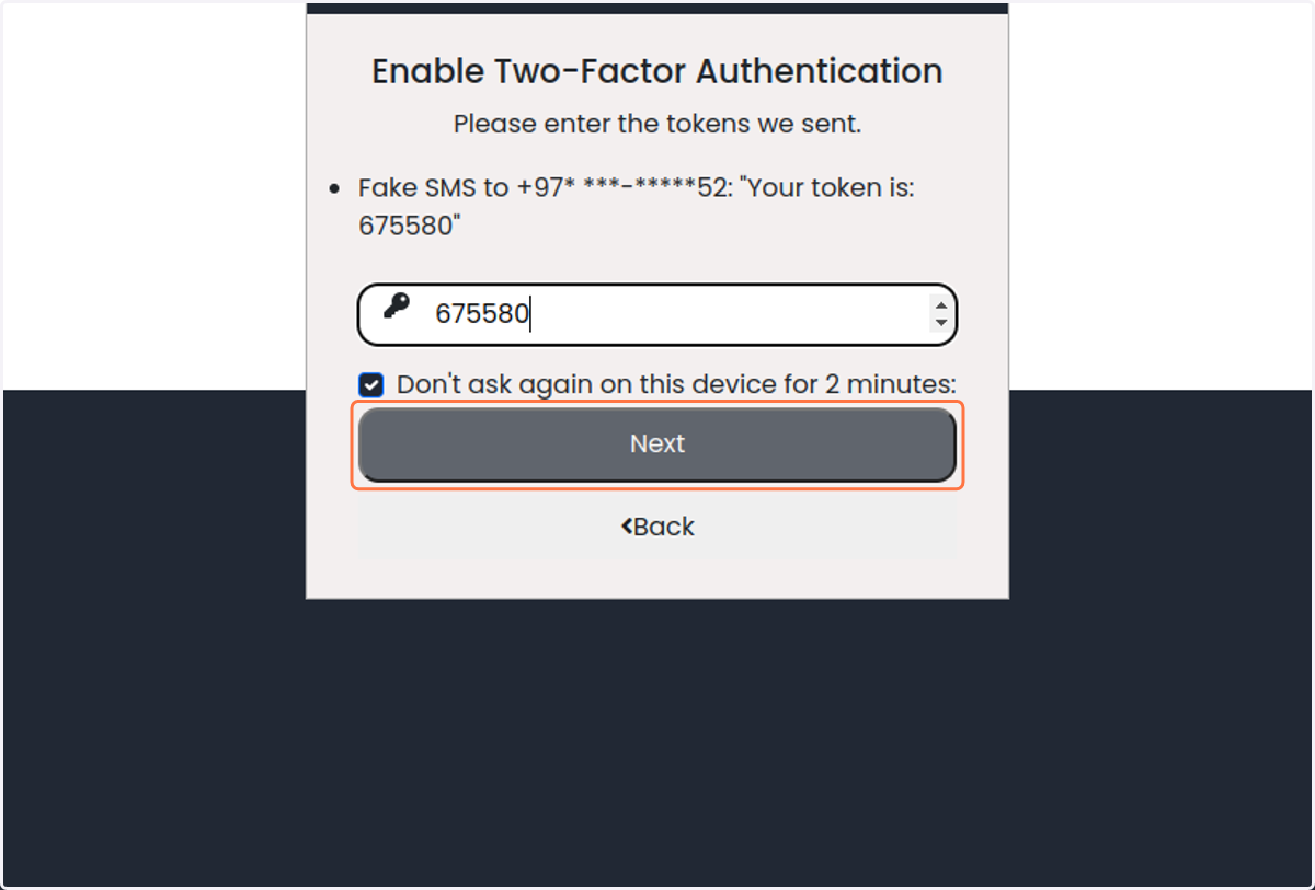 Enter the OTP code and click on next