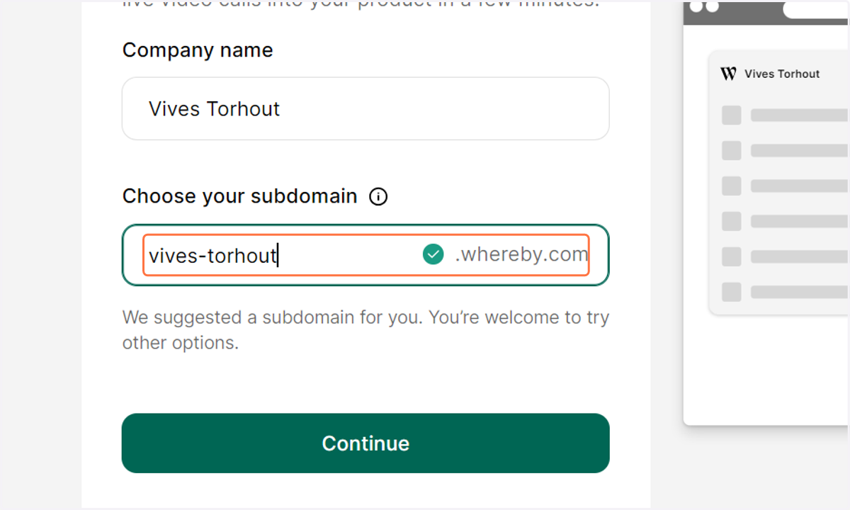Het subdomain zal automatisch ingevuld worden