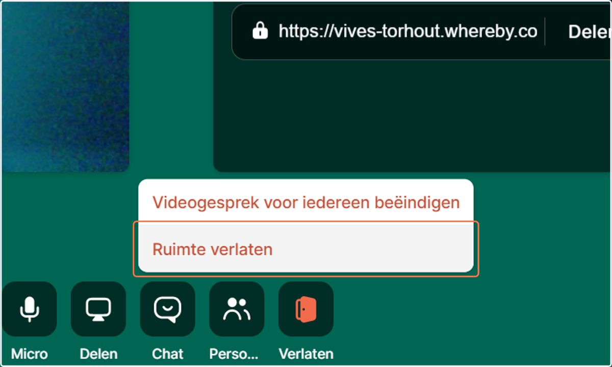Om de ruimte te verlaten klik "Verlaten" -> "Ruimte verlaten"