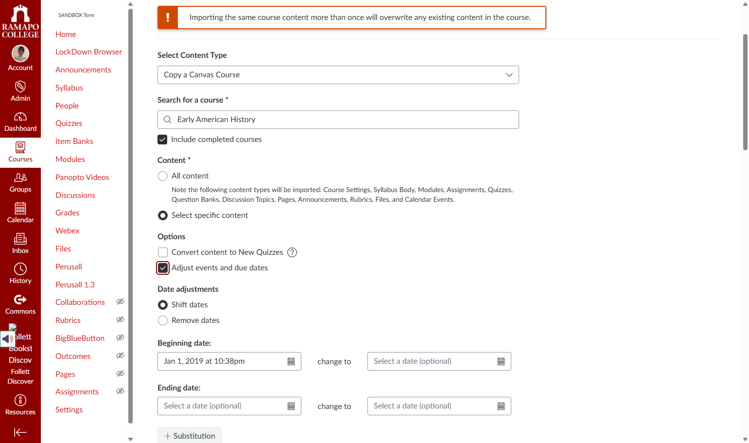 Choose the option to "Adjust events and due dates".