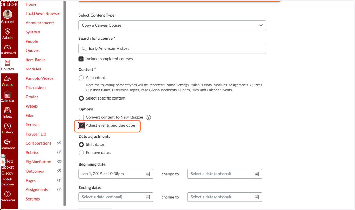 Choose the option to "Adjust events and due dates".