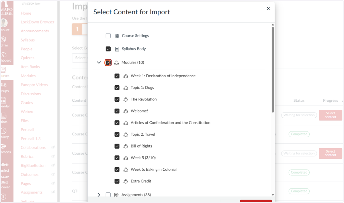 Select Content for Import.