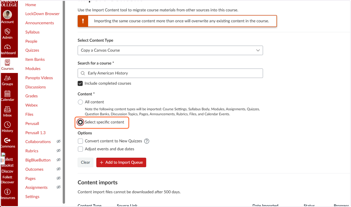 Choose the option to "Select specific content."