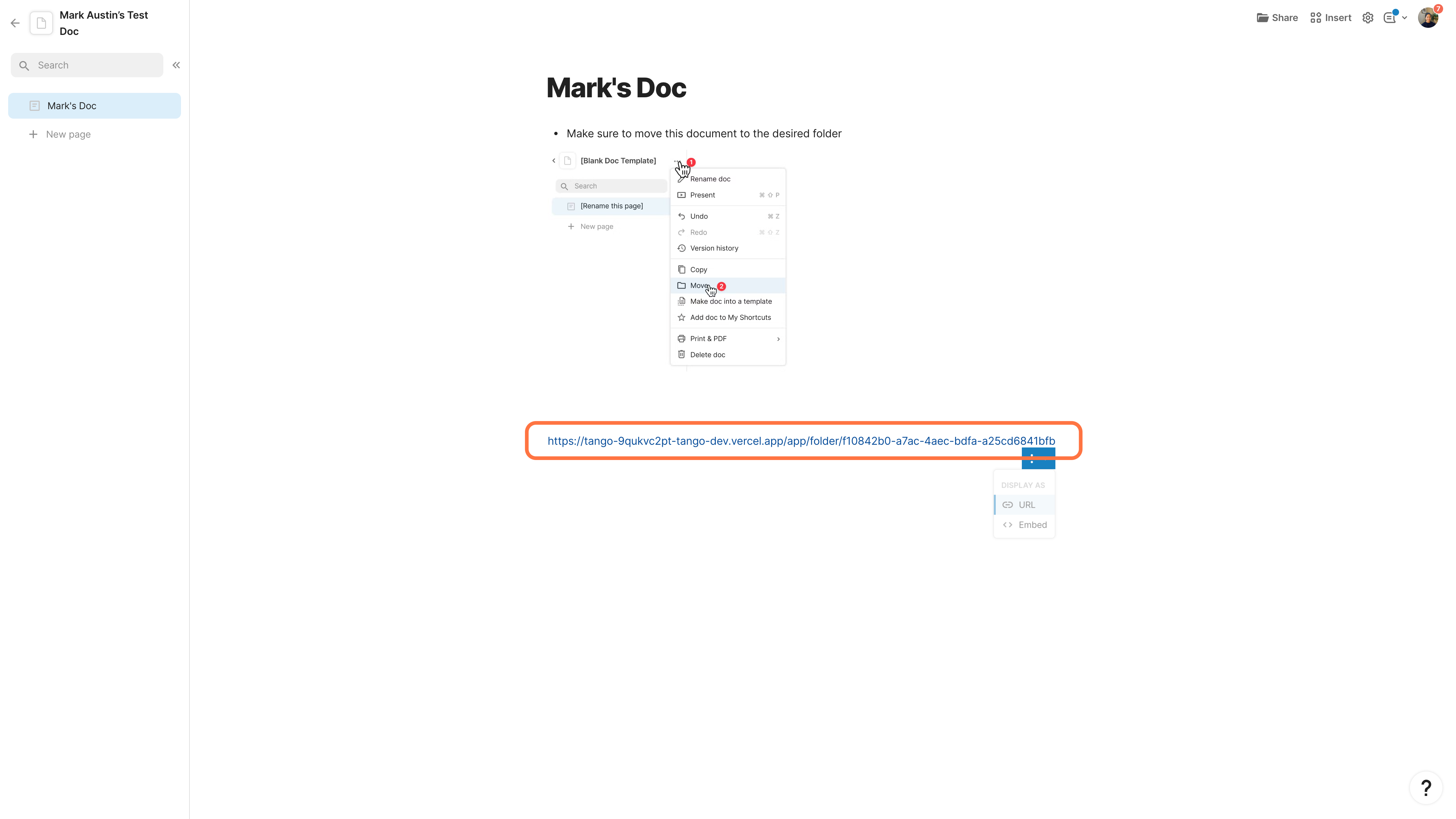Paste the link - a dropdown menu will appear, giving the option to show the link as an embedded Tango.